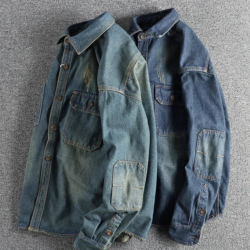 Men's light blue washed vintage denim shirt with long sleeves and loose fit