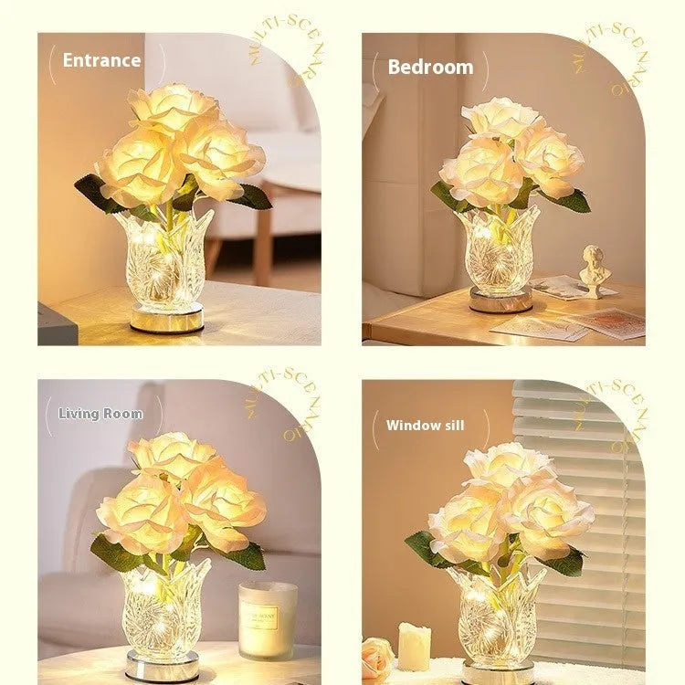 Crystal flowers decorative table lamp with USB charging port and touch-sensitive base for dimming.