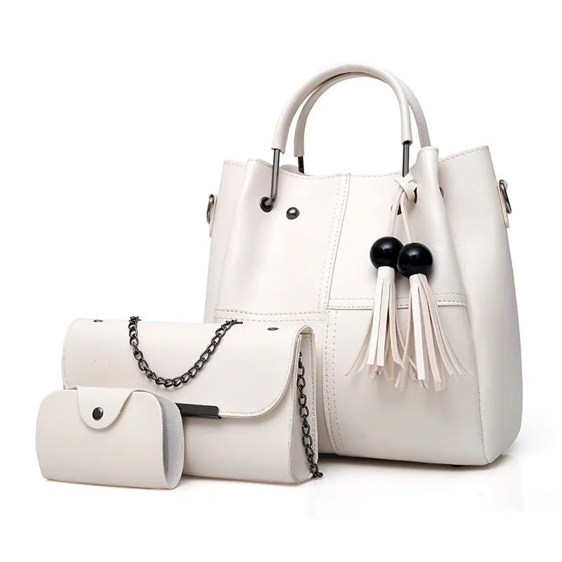 PU leather three-piece messenger bag set for women with tassel detail in coffee colour