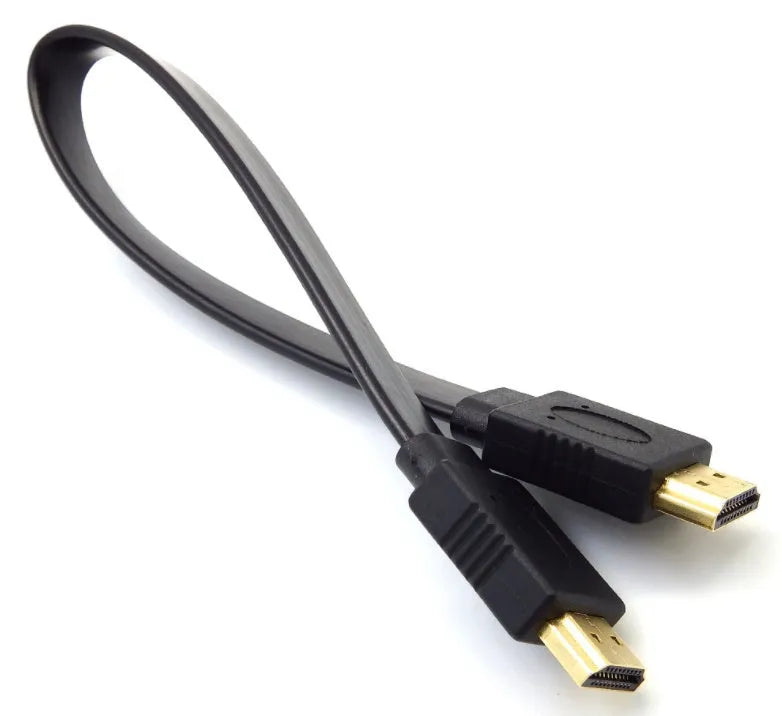 Flat black HDMI cable with male connectors showing length options from 0.3 to 10 metres.