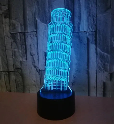 Leaning Tower of Pisa 3D acrylic nightlight with multi-colour LEDs on a black base.