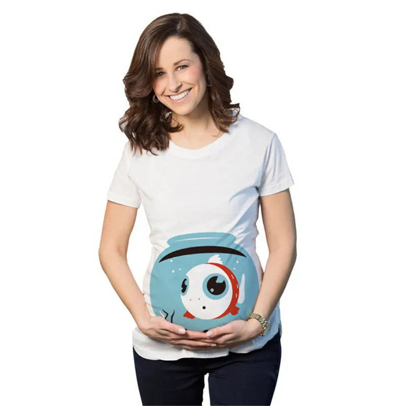 White cotton maternity t-shirt with hand print pattern, round collar, short sleeves on model