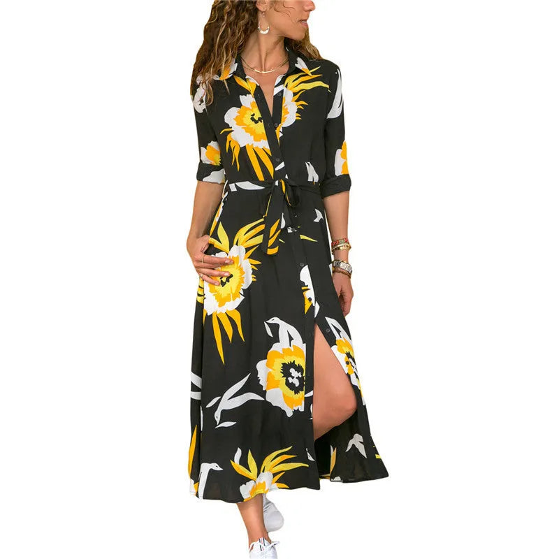 Women's long sleeve V-neck chiffon dress with A-line skirt and printed pattern.