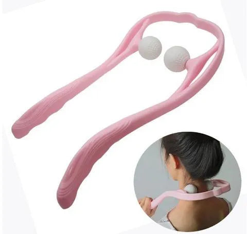Blue plastic neck massager with hand roller and bracket for pressure point therapy on neck and shoulders