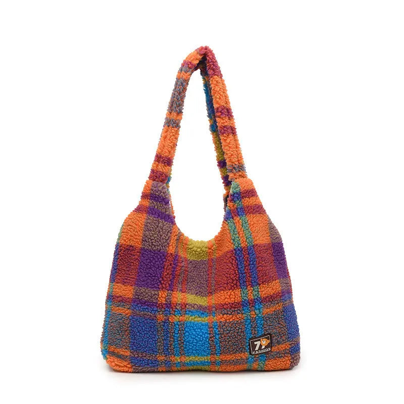 Women's soft plush plaid crossbody tote bag in army green, showing horizontal square shape and shoulder strap