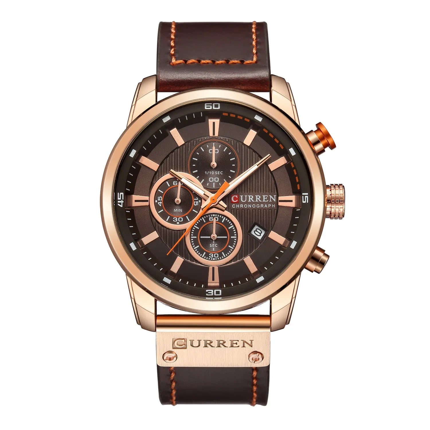 Men waterproof chronograph sport military quartz wristwatch with leather band, titanium buckle, and 47mm dial on wrist
