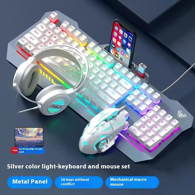 Black and white wired keyboard mouse headset bundle for desktop computer setups