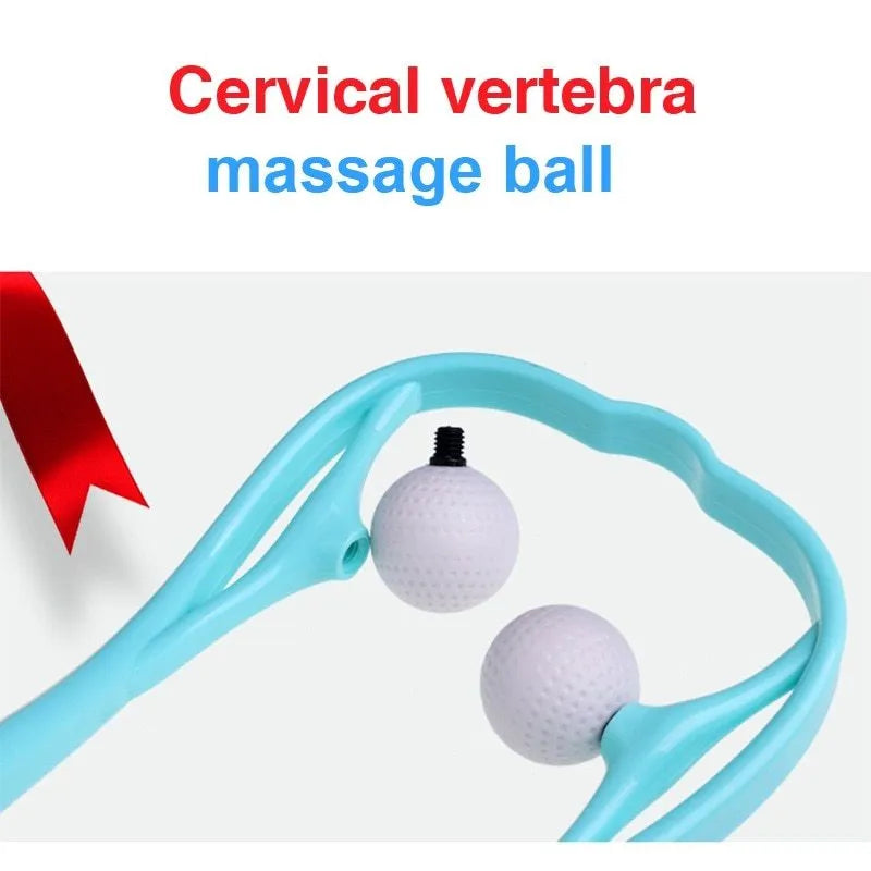 Blue plastic neck massager with hand roller and bracket for pressure point therapy on neck and shoulders