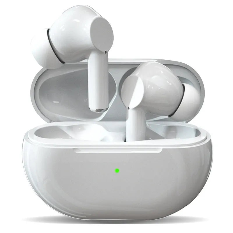 Black and white wireless Bluetooth earbuds with a compact charging case on a white background.