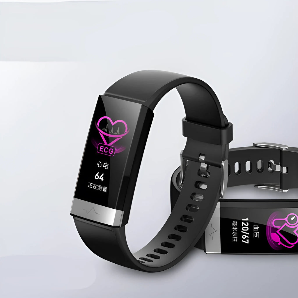 V19 smart fitness tracker in black with a colour display showing heart rate and SpO2 data.