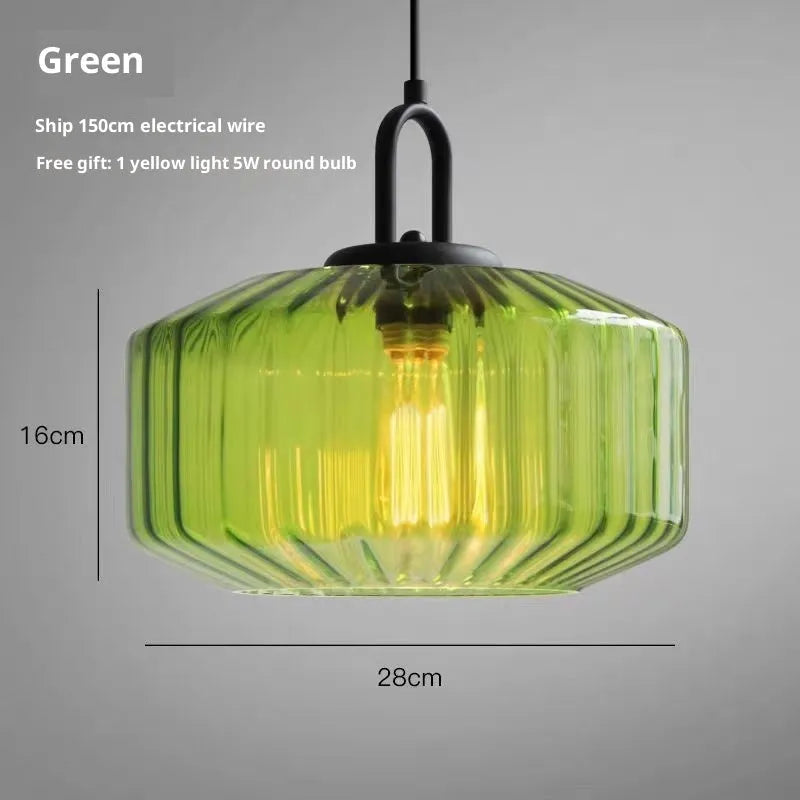 High grade stained glass chandelier in modern simplicity style on ceiling, showing warm light through coloured glass panels