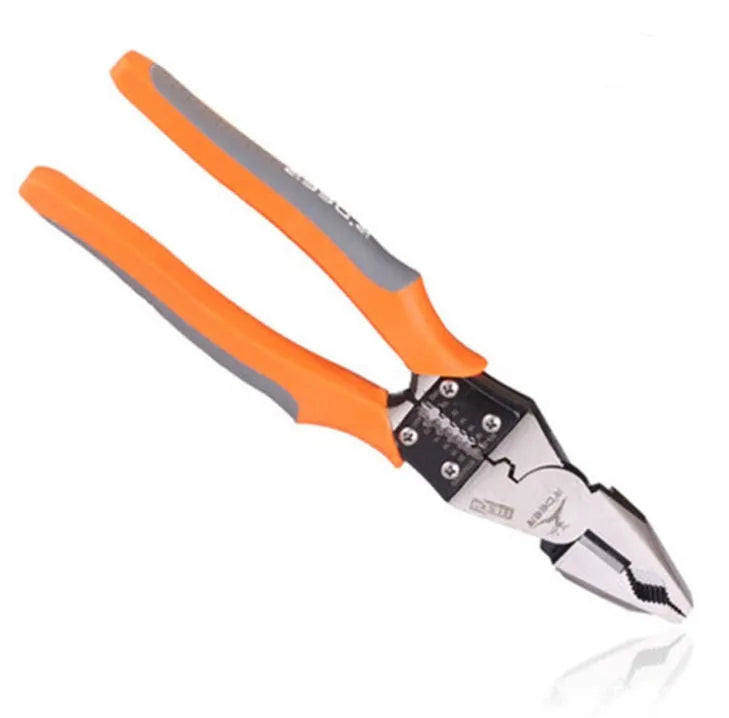 Orange-handled 9-inch multi-function wire cutter pliers with chrome steel head for cutting and stripping wire.