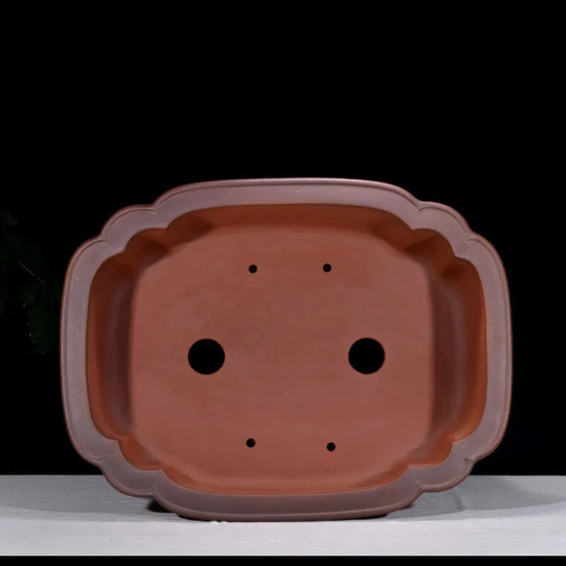 Large Chinese-style purple clay flowerpot with antique finish showing dimensions