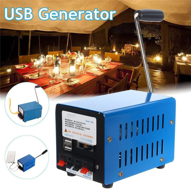 Blue metal hand crank USB power generator showing crank handle and output ports