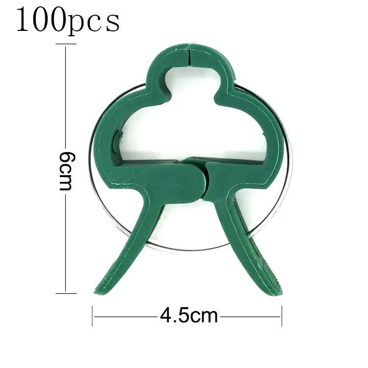 Green plastic plant fixing clips for supporting climbing vegetables like tomatoes and cucumbers