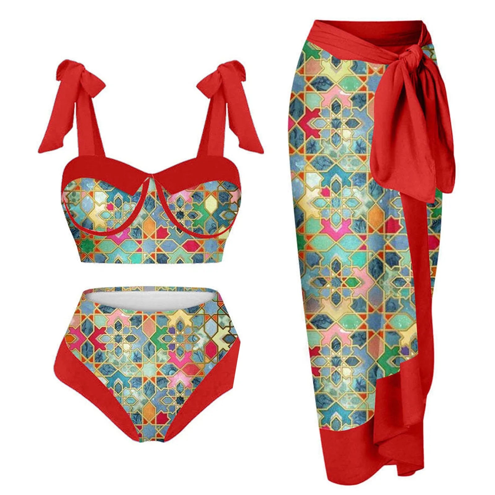 Women's printed three-piece swimming costume with bra, skirt and briefs in polyester fabric