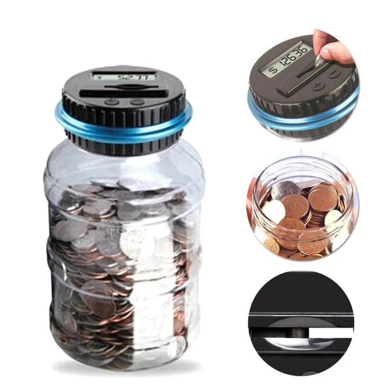 Transparent digital coin counting money box with LCD screen on black lid, 11.5cm by 20cm