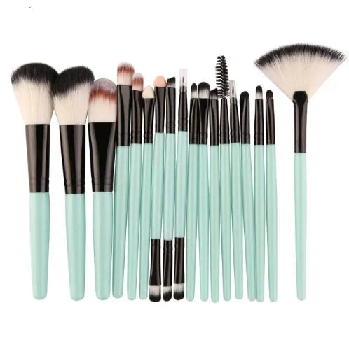 18-piece makeup brush set with fan-shaped tools in multiple styles for professional and home makeup application