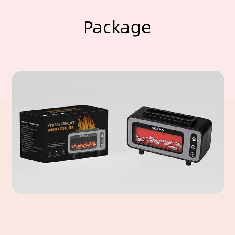 200ml black ultrasonic flame humidifier with simulated 3D fireplace fire effect and 7 colour LED light