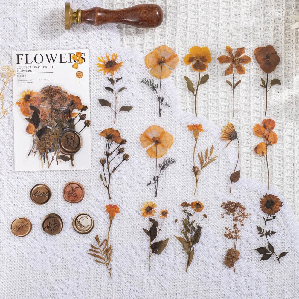 Dried flowers journal decoration stickers in 8 colour styles on PET sheets measuring 70x70mm
