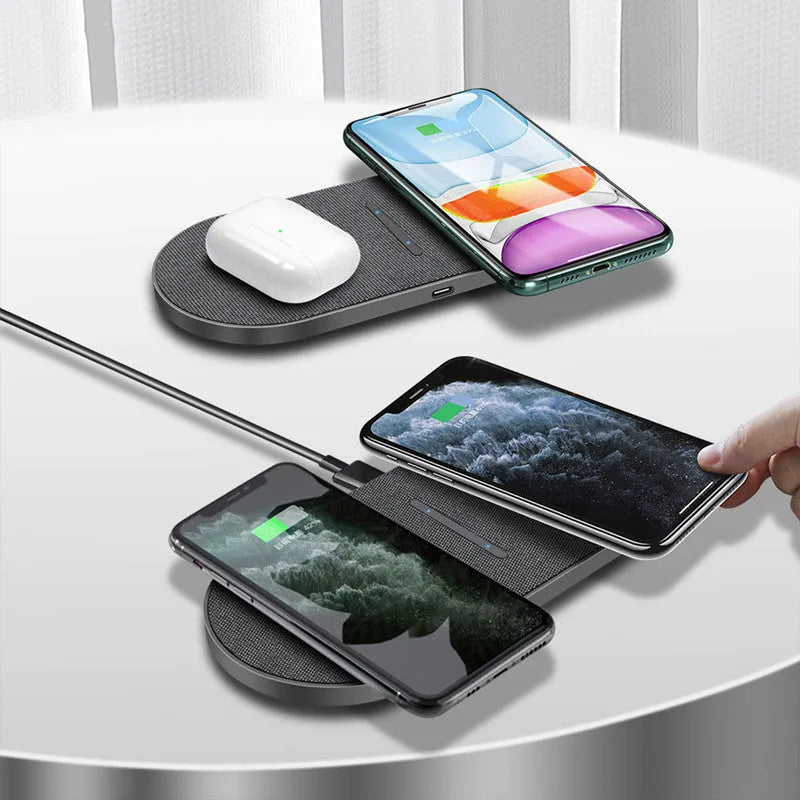 Black dual-pad 10W wireless fast charger for mobile phones with LED lights.