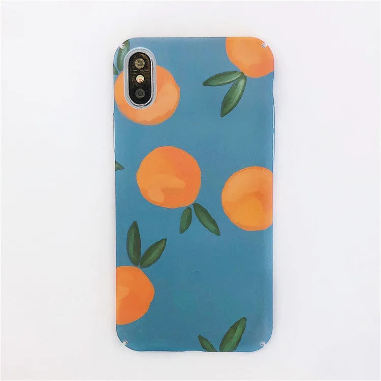 Orange retro plastic iPhone case with water and blue background design shown on smartphone
