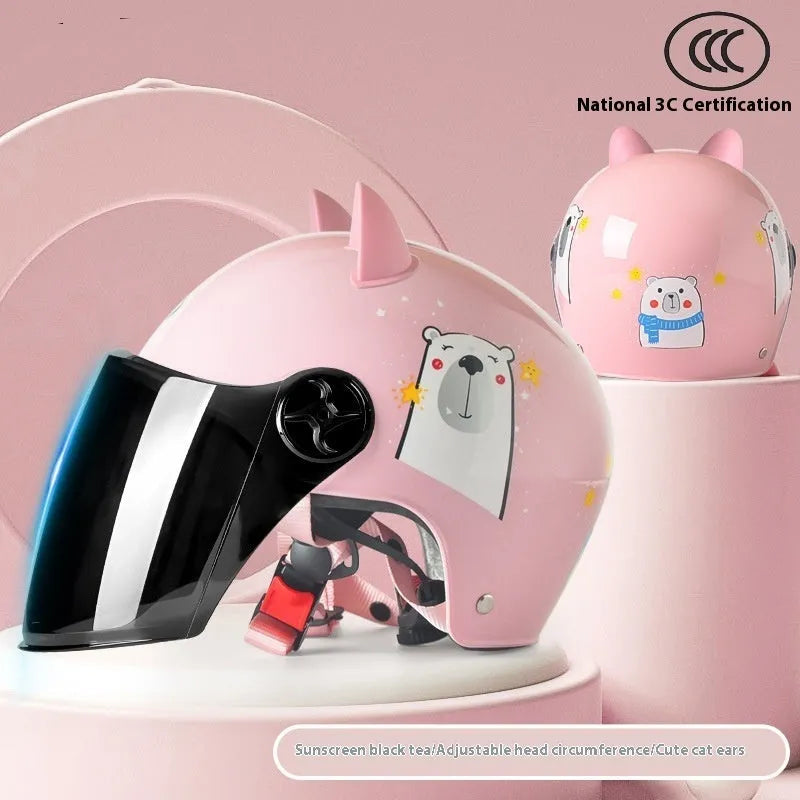 3C certified children's helmet with cat ear design, Blue Bunny colour, ABS shell