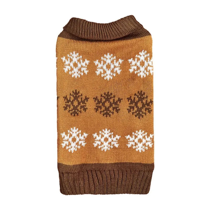 Dark brown and grey dog Christmas sweater with snowflake pattern, acrylic knit construction