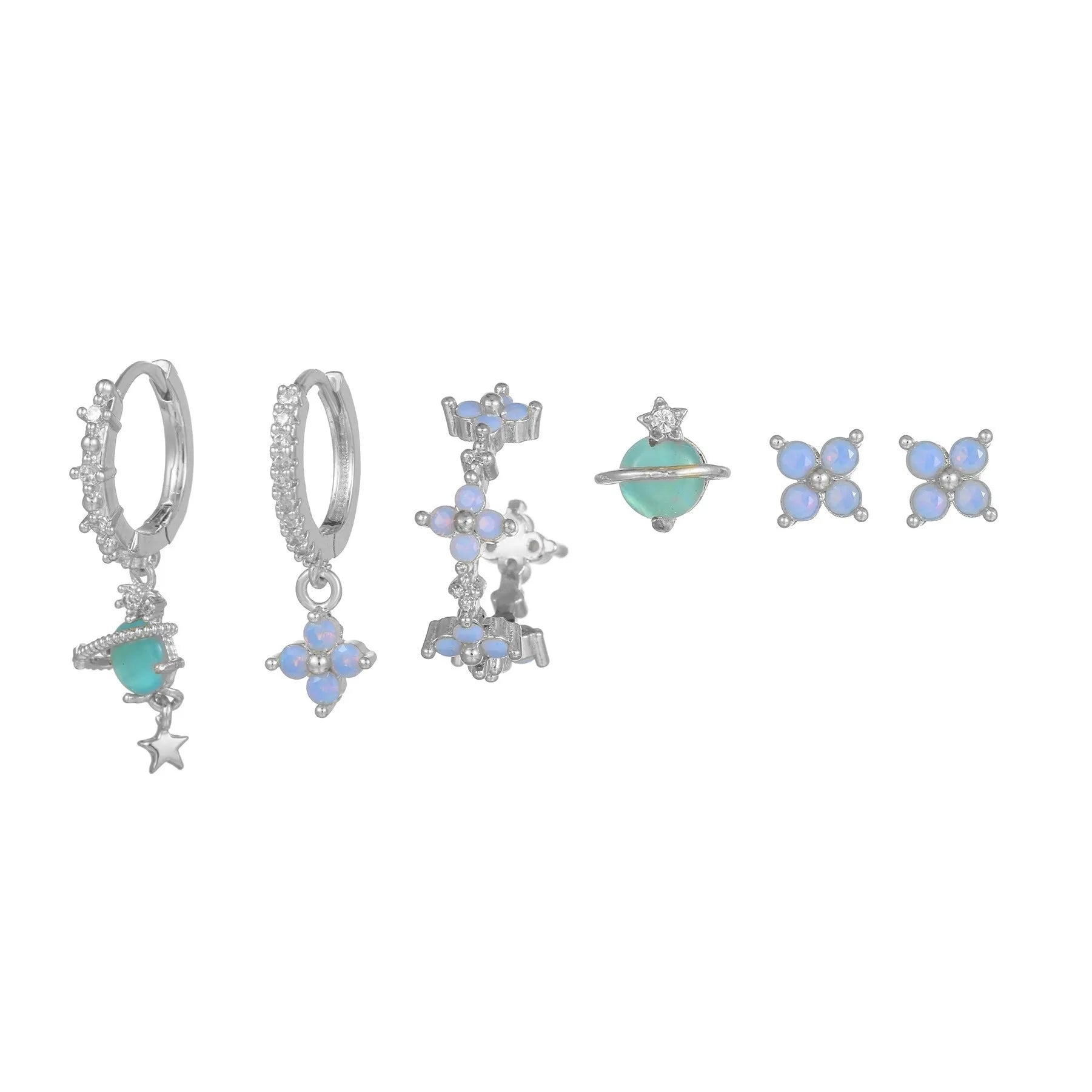 Flower shaped ear studs with blue zircon mosaic in gold and silver colour options