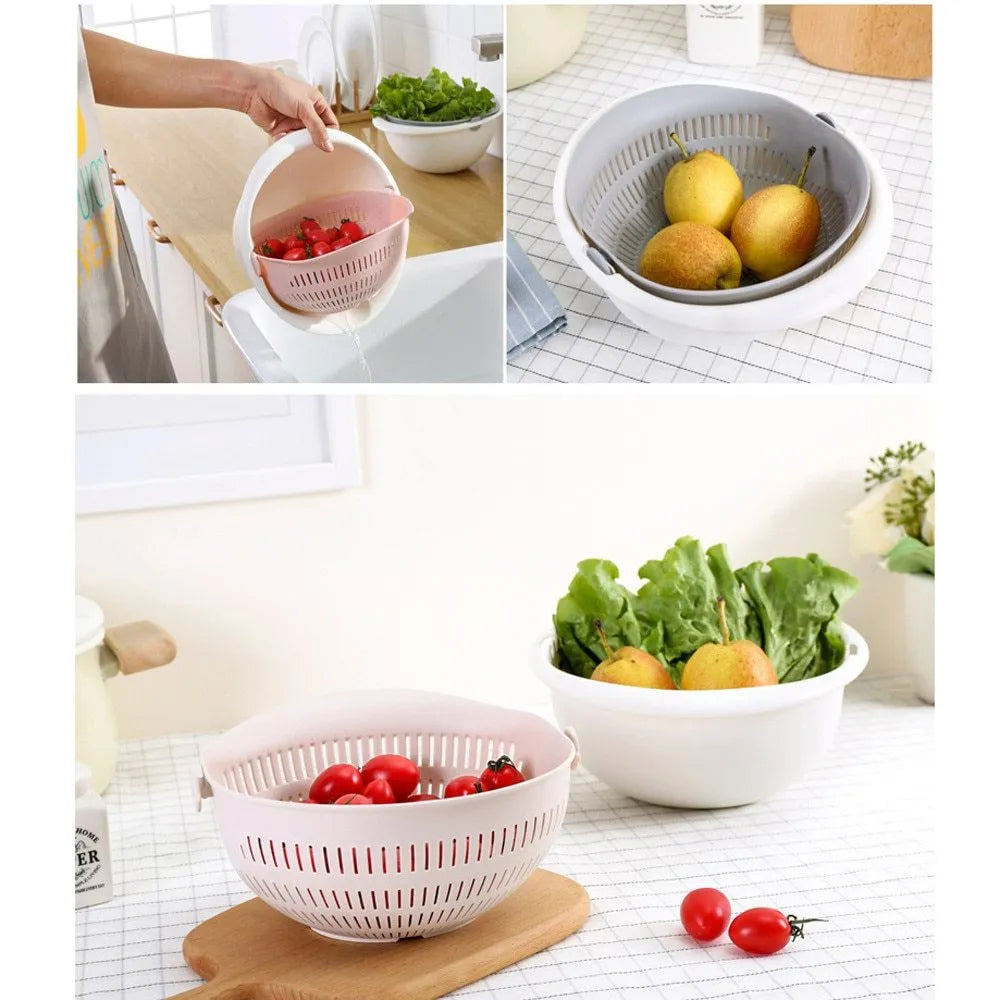 Portable double-layer hollow fruit and vegetable cleaning drain basket in Beige, 23 cm square PP plastic