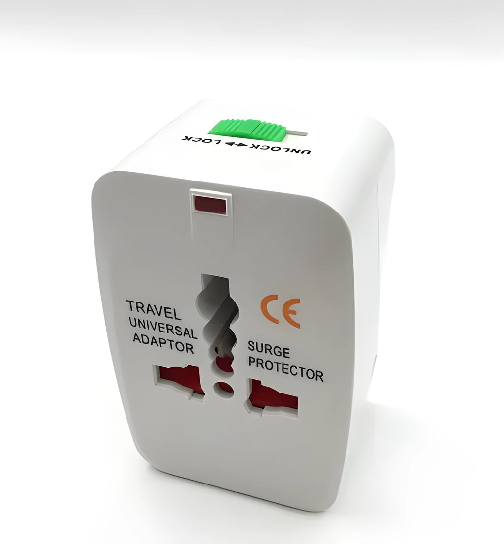 Universal travel plug converter adapter showing front and side view
