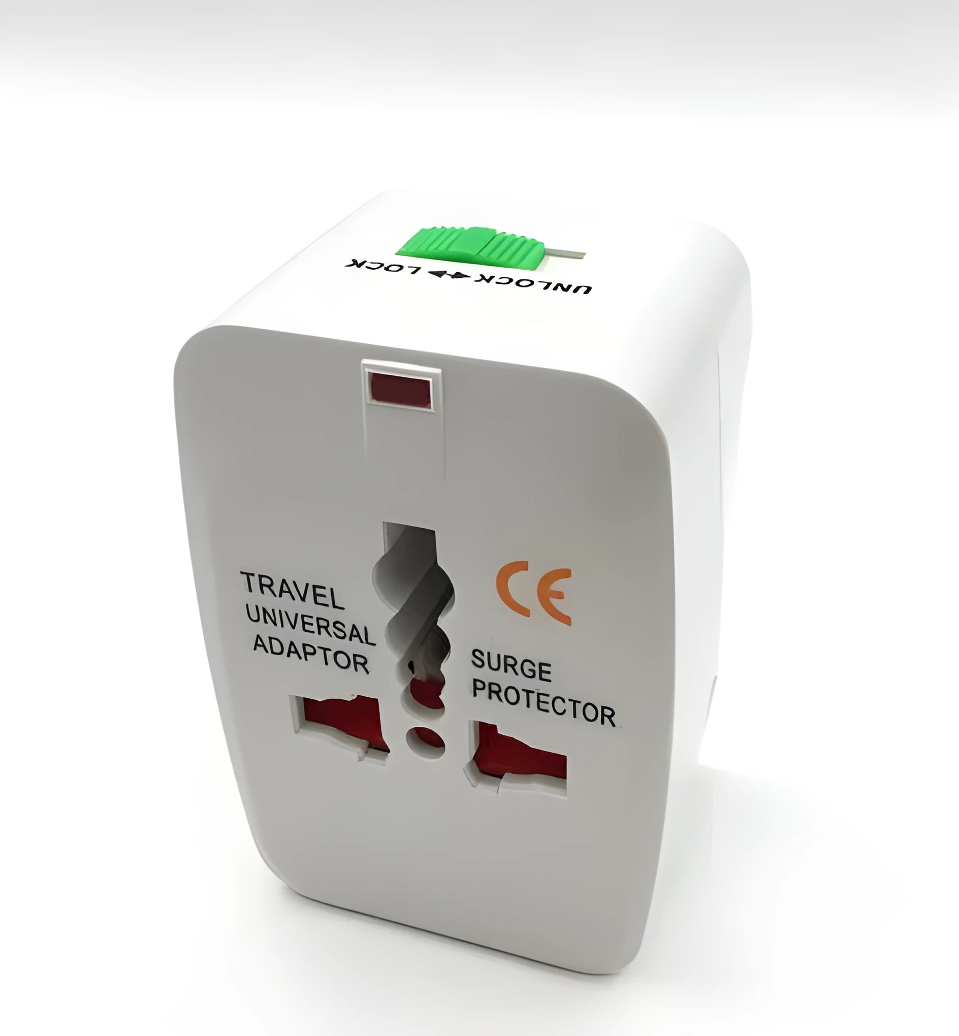 Universal travel plug converter adapter showing front and side view