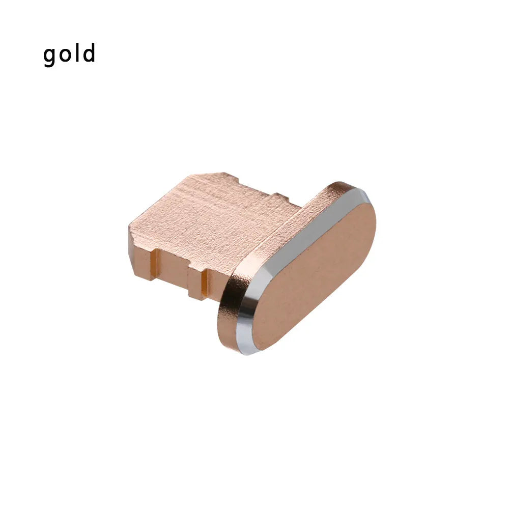 Aluminium alloy charging port dust plug for iPhone in various colours including gold, silver, and rose gold.