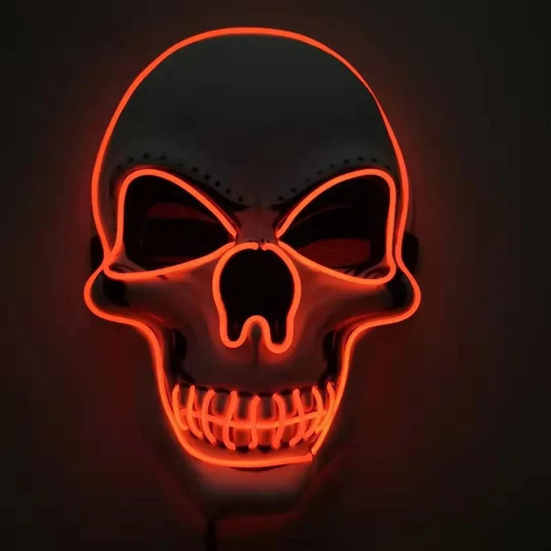 Skull LED glowing Halloween mask with EL wire, available in multiple colours, on a black background
