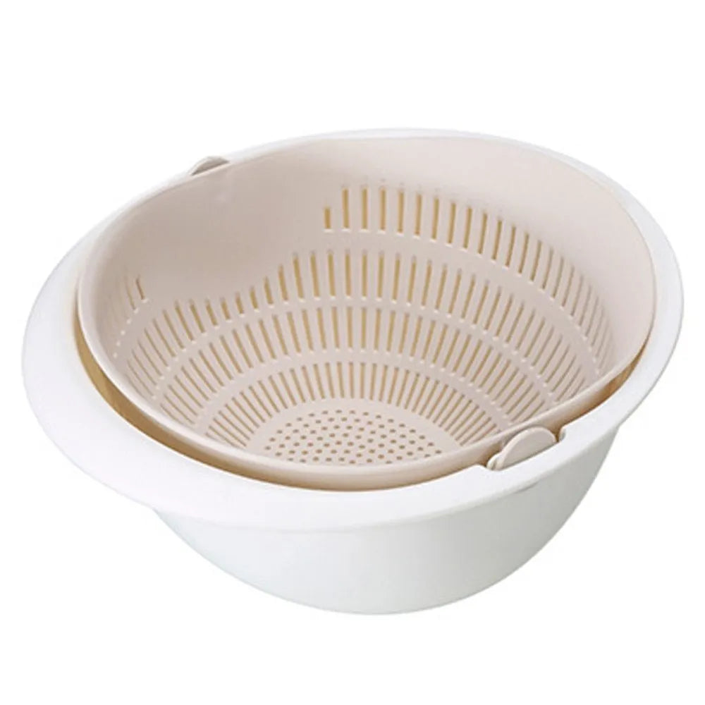 Portable double-layer hollow fruit and vegetable cleaning drain basket in Beige, 23 cm square PP plastic