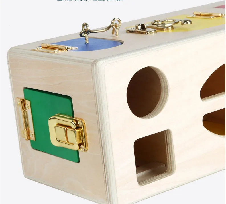 Wooden educational toy shape sorting lock box puzzle with geometric pieces for preschool children.