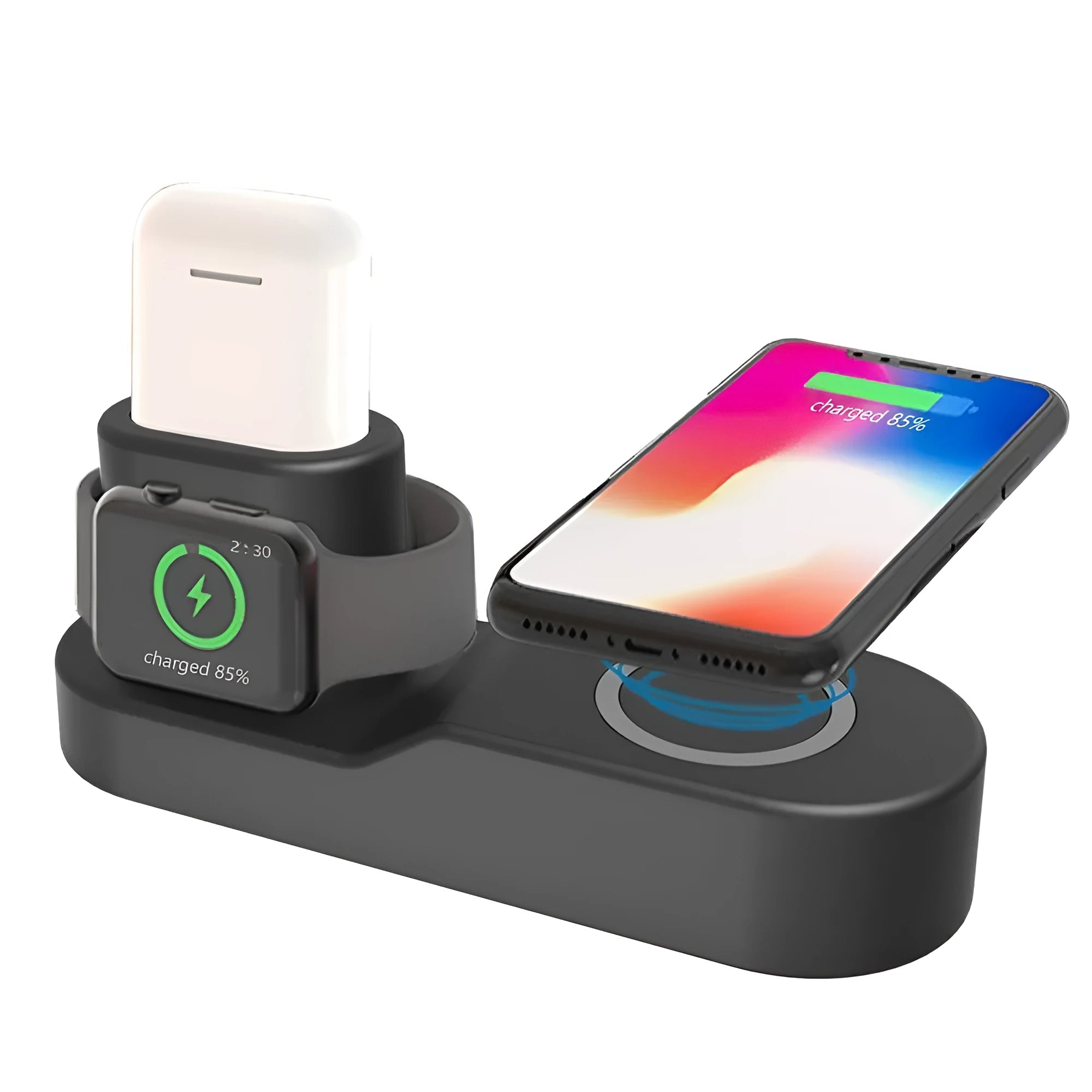 Black W3 wireless charging station showing phone, Apple Watch, and earphones charging simultaneously.