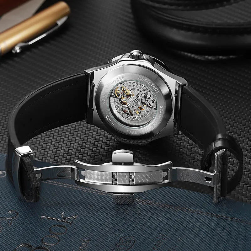 Automatic mechanical men's watch with skeleton dial, diamond studs, and white steel case.