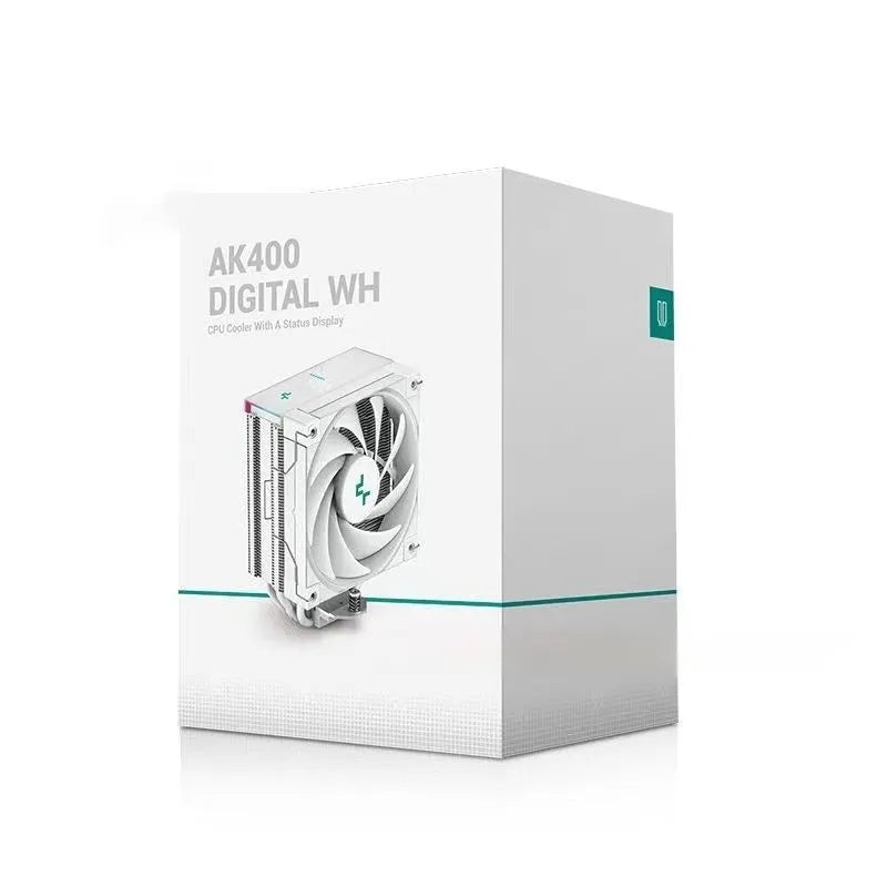 Black and white tower CPU air cooler with heat sink fins and digital display for PC computer case.