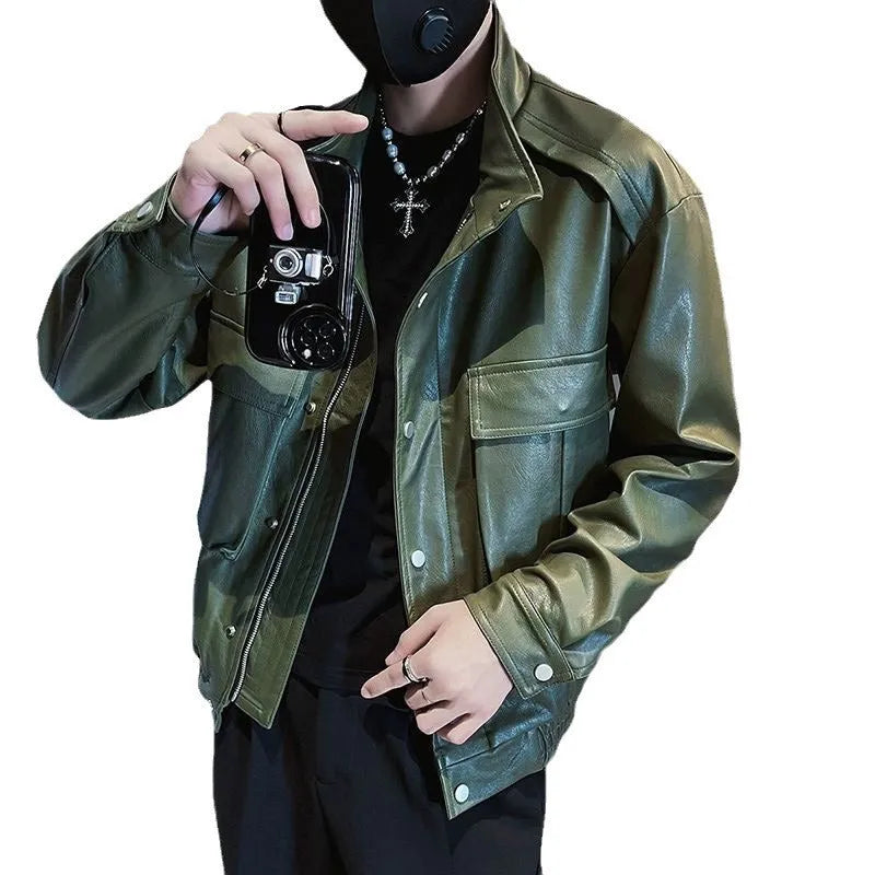Men's black Korean style straight hem PU leather jacket for spring and autumn wear.