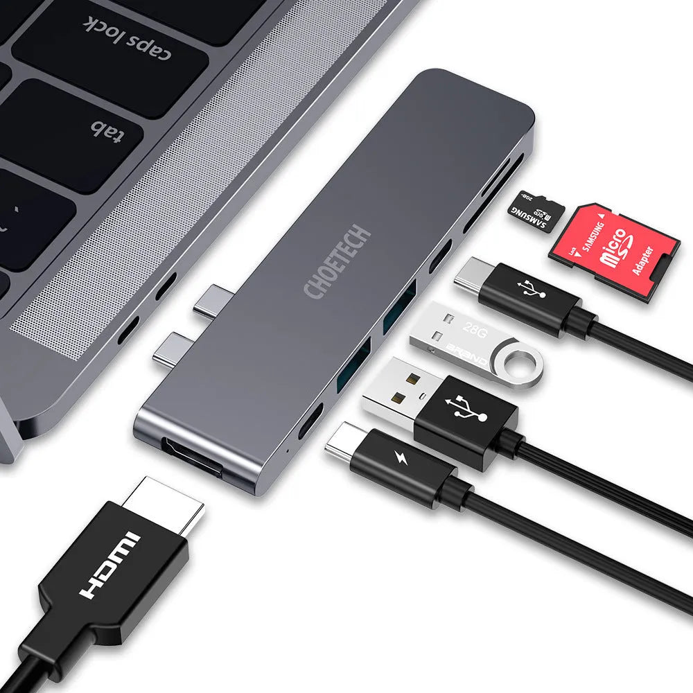 USB Type C adapter hub with SD card reader ports in aluminium alloy casing