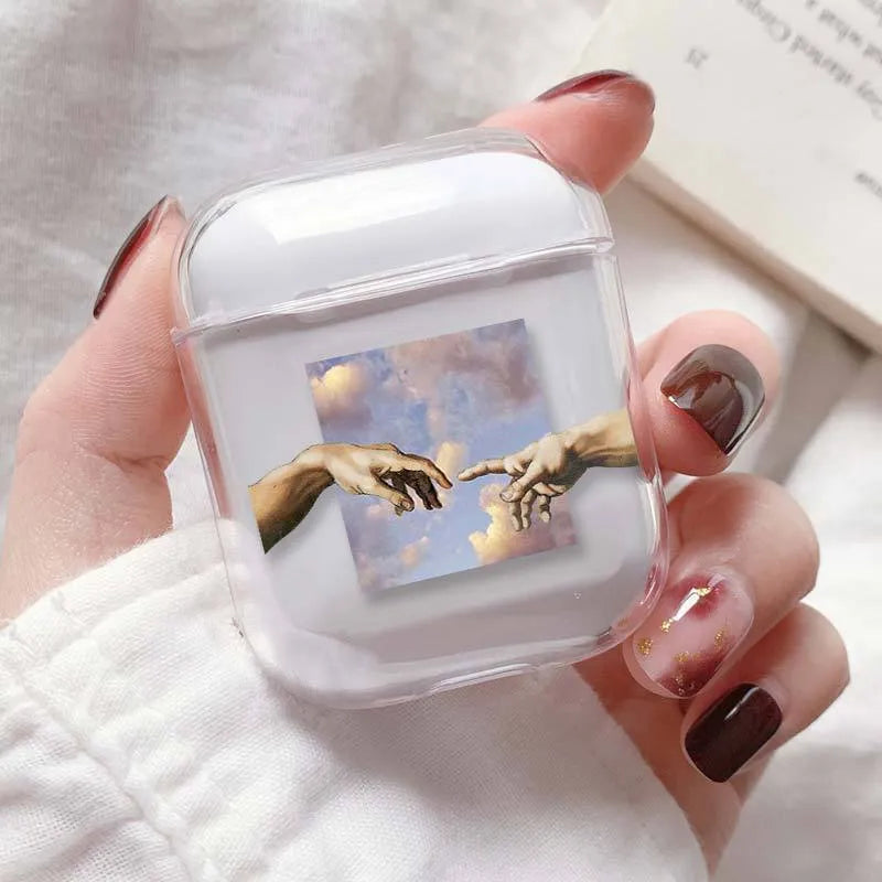 Transparent plastic protective cover for Apple AirPods charging case shown in colour style options.