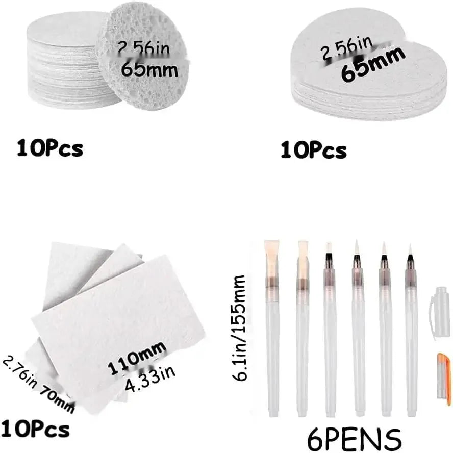 Wood pulp paper set showing square, heart, and round sheets with six fountain pens for art