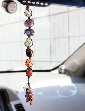 Handmade gemstone car pendant colorful chakra beads hanging from car rear-view mirror