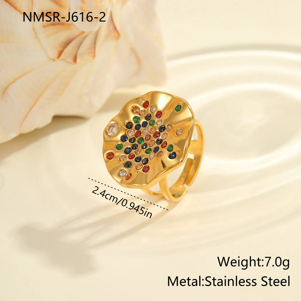 Geometric adjustable titanium steel ring with crystal inlay and open mouth design