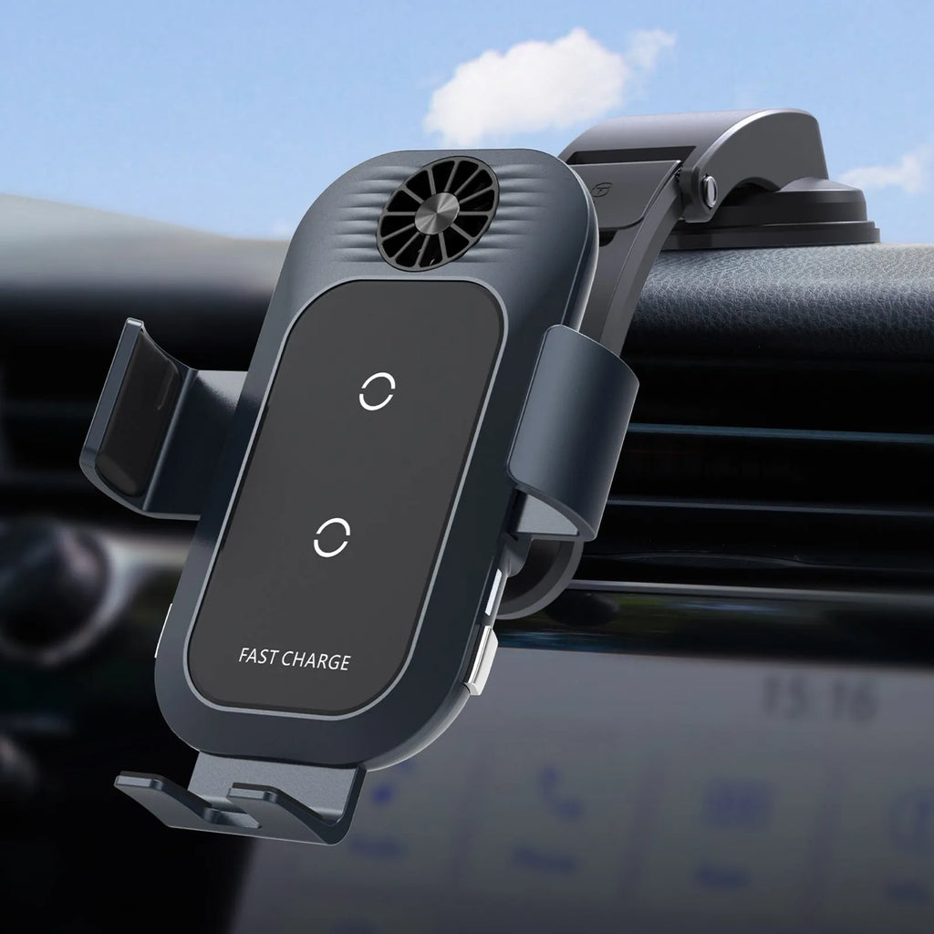 C35 colour car wireless charger phone holder mounted on car air vent, showing automatic clamping arms.