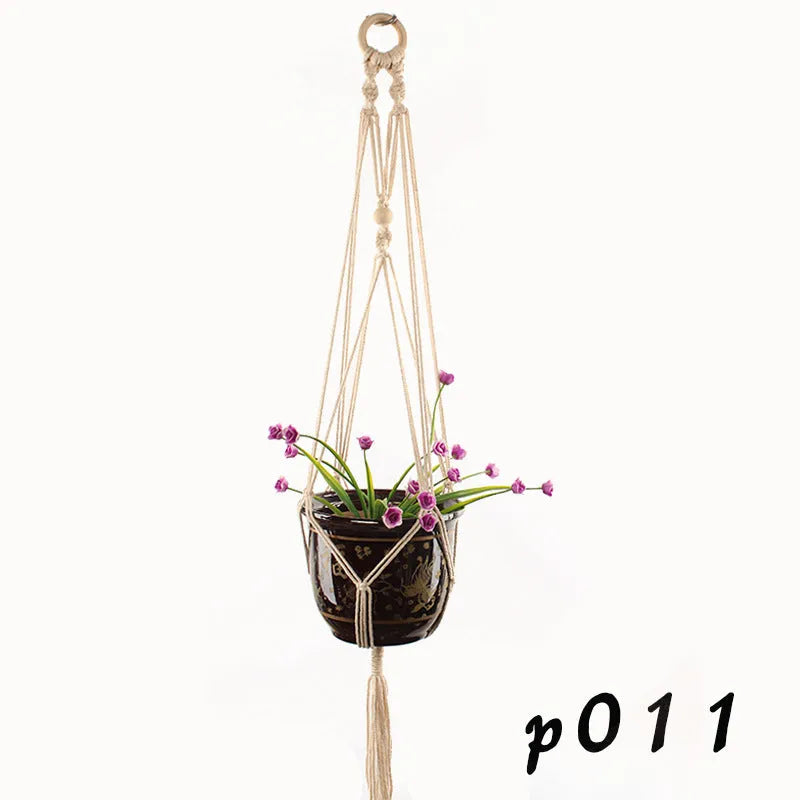 Woven wire cotton rope macramé plant hanger in a European village style, shown as a desktop, wall-mounted, and hanging basin.