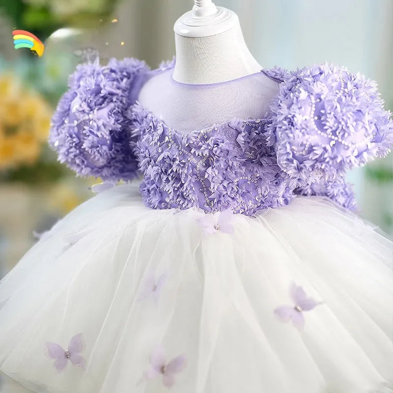 Purple girls tulle piano performance dress with sleeveless design for heights 80-160cm