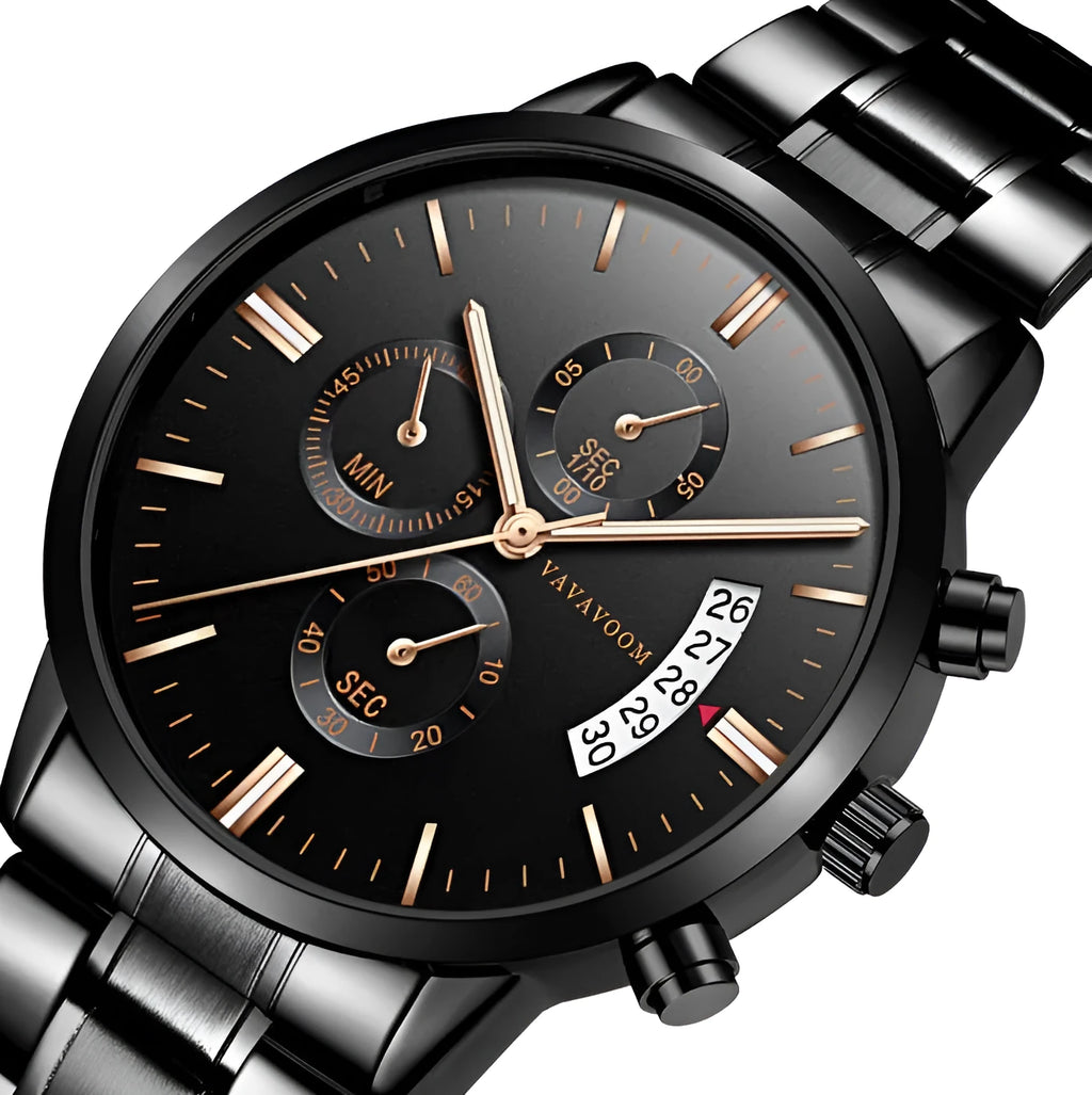 Men's stainless steel quartz watch with 43mm round dial and butterfly buckle in black and silver