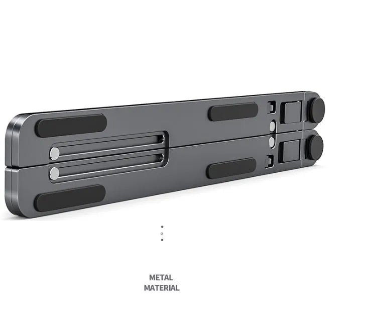 Foldable aluminum laptop stand in silver colour, shown both open in use and folded flat.